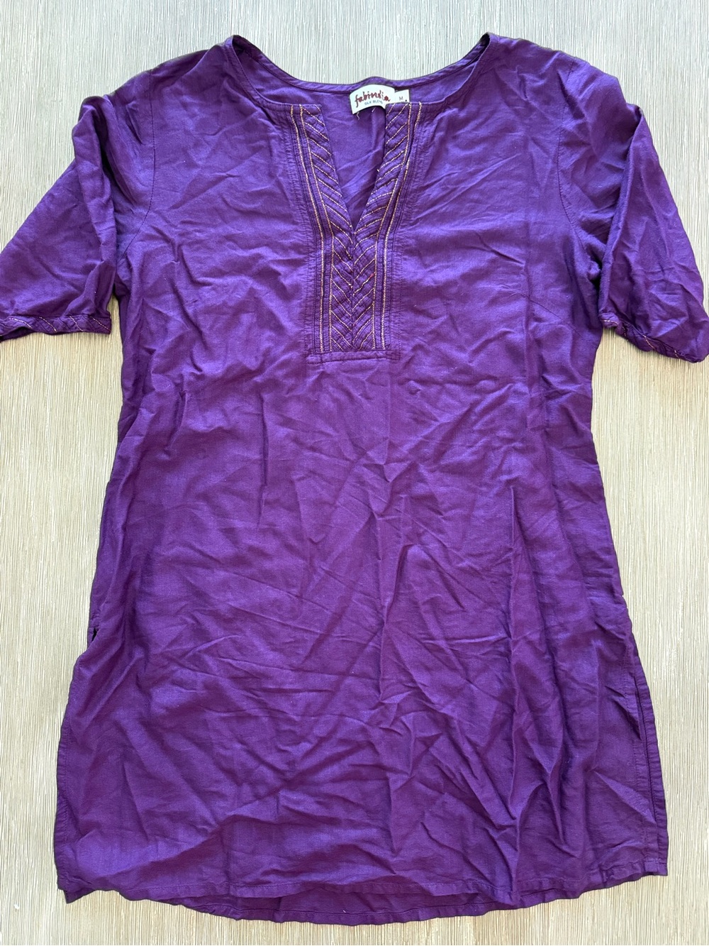 Purple Silk Blend Tunic Top with Embroidered V-Neck Kurta Tunic size M